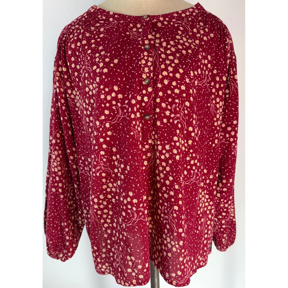 Toad & Co Manzana Long Sleeve Peasant Top Red Berry Floral Print Organic Cotton